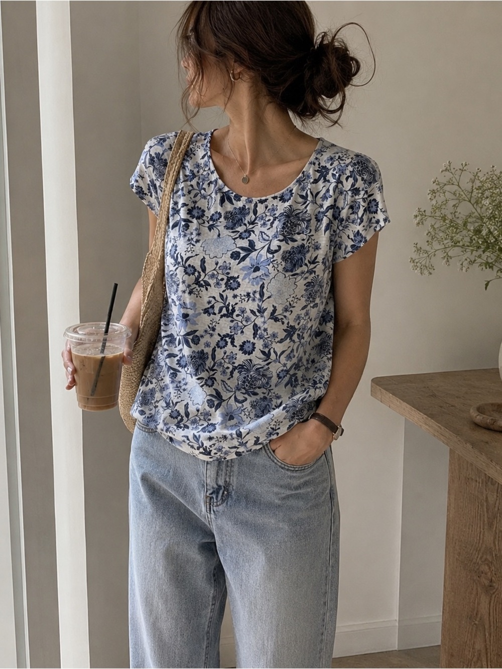 Rachel Zoe 100% Linen Blue Floral Relaxed Top Size L
